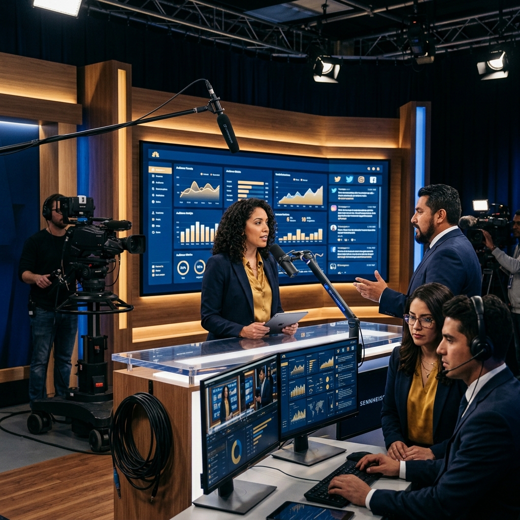 Equipo de comunicación política en estudio de transmisión