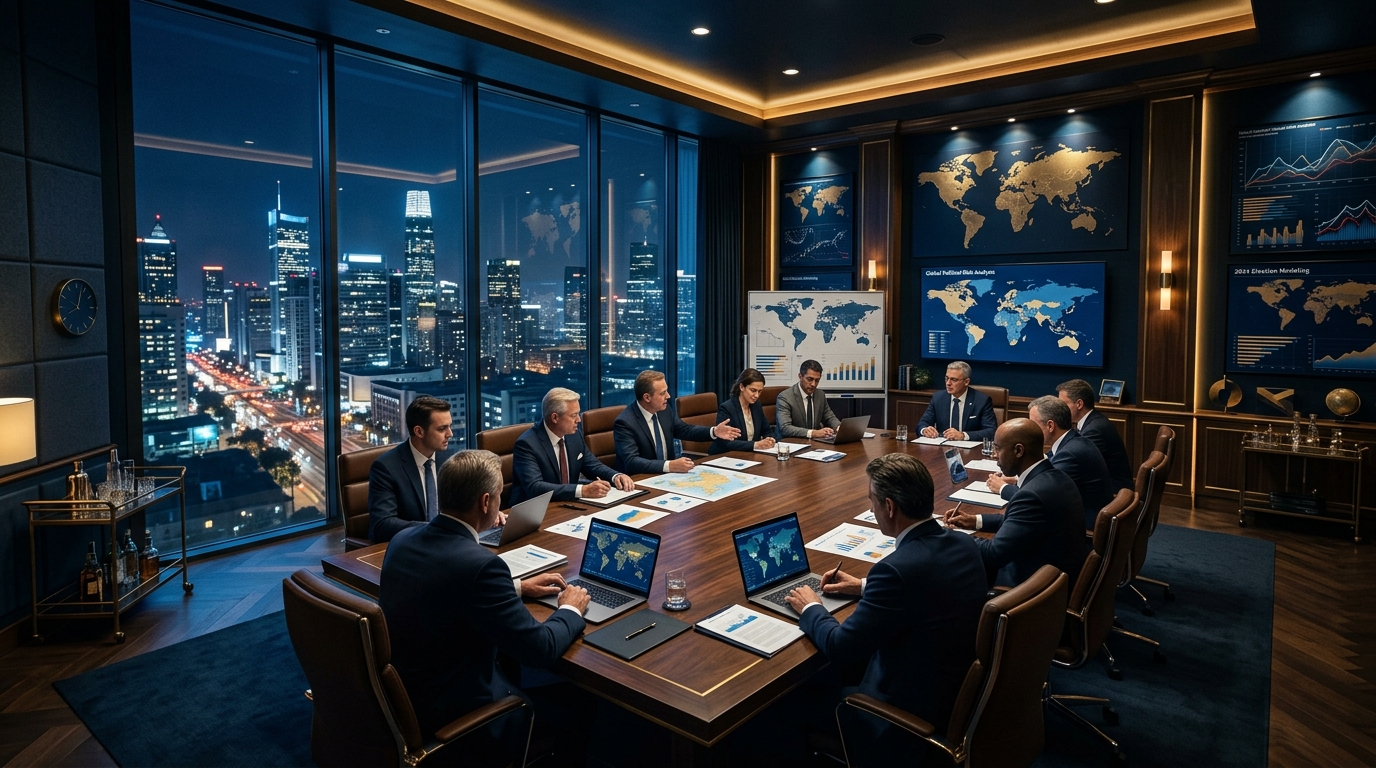 Sala de estrategia política de alto nivel con equipo de consultores internacionales
